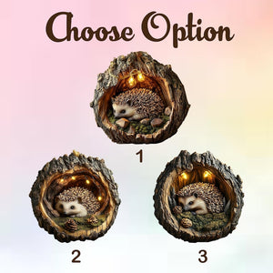 Woodland Hedgehog Ornament Bark log hollow, pinecones and moss, rustic ash-wood look, cozy Christmas tree style, 2D FLAT ornament