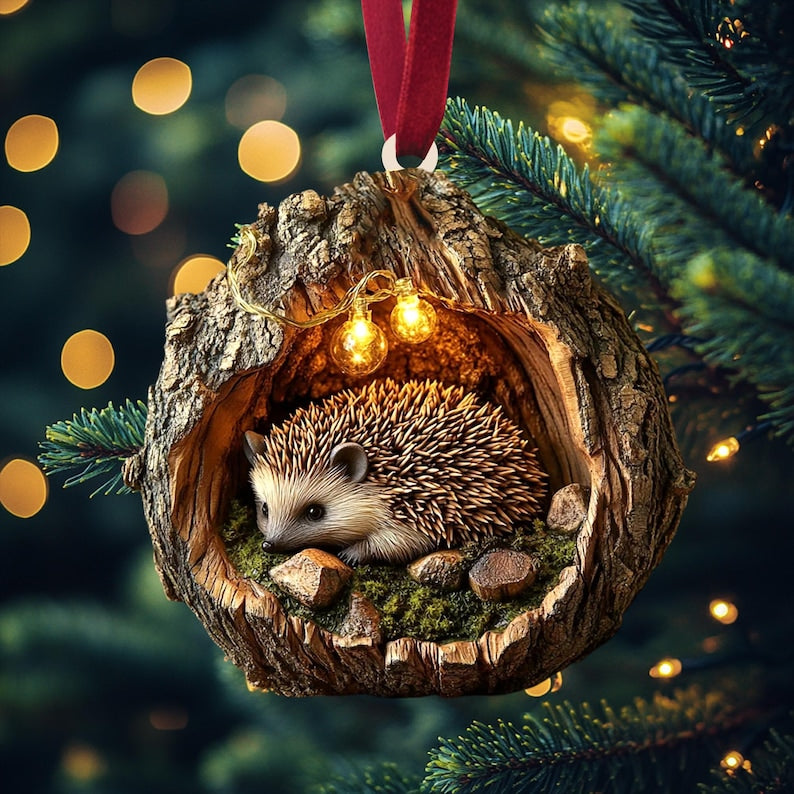 Woodland Hedgehog Ornament Bark log hollow, pinecones and moss, rustic ash-wood look, cozy Christmas tree style, 2D FLAT ornament