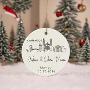 Personalized Skyline Engagement Bauble, City Skyline Just Married Gift, First Christmas Engaged Ornament for Couples, City Attractions Gift