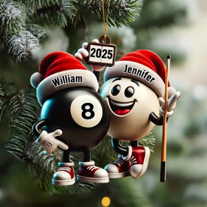 Personalized 2D FLAT Acrylic Pool Ornament, Custom Name 8 Ball & Cue Ball Christmas Gift, Billiard Lover Decor for Couples, Funny Holiday