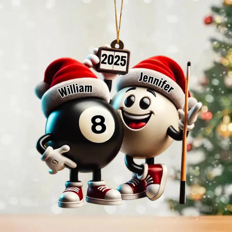 Personalized 2D FLAT Acrylic Pool Ornament, Custom Name 8 Ball & Cue Ball Christmas Gift, Billiard Lover Decor for Couples, Funny Holiday