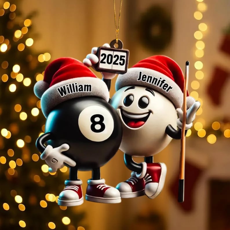 Personalized 2D FLAT Acrylic Pool Ornament, Custom Name 8 Ball & Cue Ball Christmas Gift, Billiard Lover Decor for Couples, Funny Holiday
