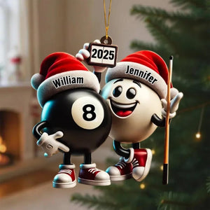 Personalized 2D FLAT Acrylic Pool Ornament, Custom Name 8 Ball & Cue Ball Christmas Gift, Billiard Lover Decor for Couples, Funny Holiday