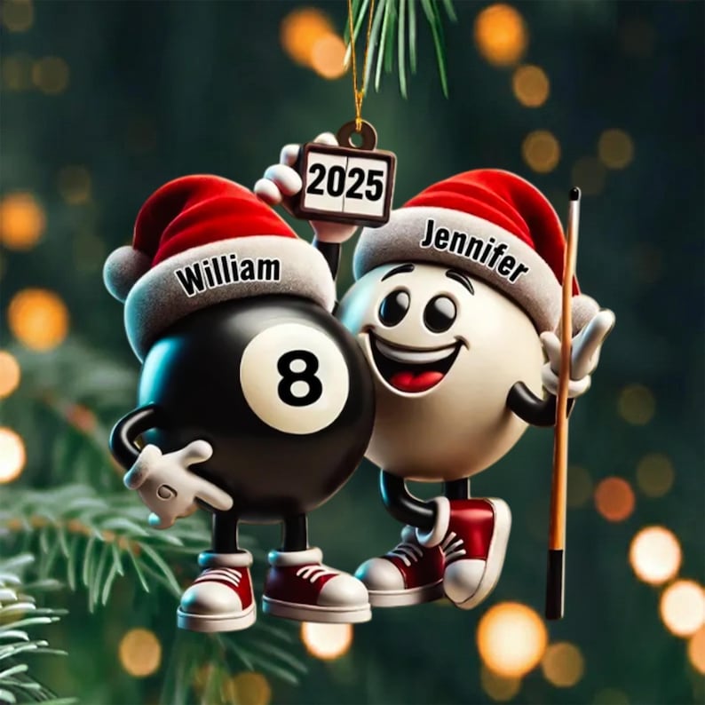 Personalized 2D FLAT Acrylic Pool Ornament, Custom Name 8 Ball & Cue Ball Christmas Gift, Billiard Lover Decor for Couples, Funny Holiday