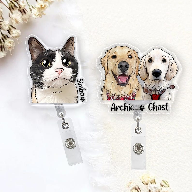 Custom Pet Badge Reel, Personalized Pet Portrait Photo Badge Reel, Nurse Badge Reel, Retractable Badge Holder