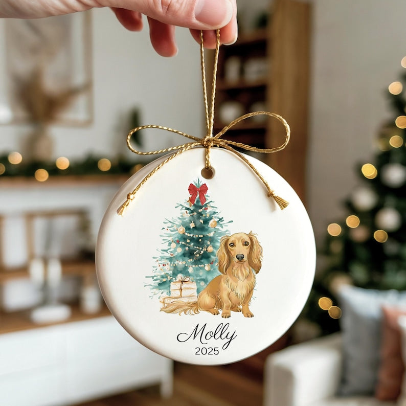 Personalized Long Haired Dachshund Christmas Ornament: Custom Longhaired Dachshund Keepsake 2025 Gift for Doxie Lovers, Holiday Xmas Decor