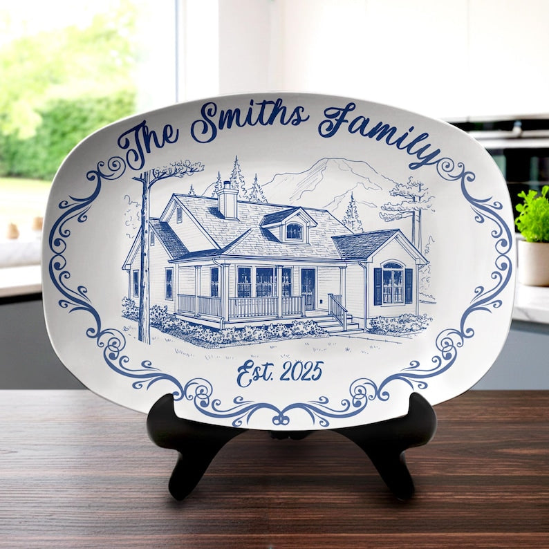 Custom House Portrait Plate, Personalized First Home New House Platter Gift, Painted From Your Photo Unique Weeding Keepsake