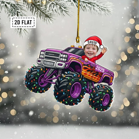 Personalized Baby Monster Truck Photo 2D Flat Acrylic Ornament, Custom Baby Face Ornament, Funny Baby Truck Gift, Kids Xmas Gift