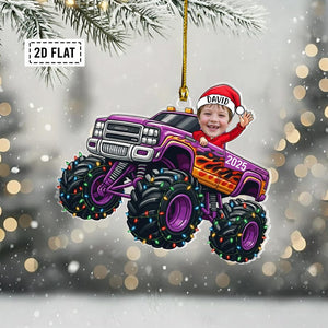Personalized Baby Monster Truck Photo 2D Flat Acrylic Ornament, Custom Baby Face Ornament, Funny Baby Truck Gift, Kids Xmas Gift