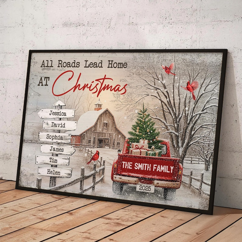 All Roads Lead Home At Christmas, Personalized Poster/Canvas, Holiday Decoration, Family Christmas Wall Art, Custom Red Truck Wall Art
