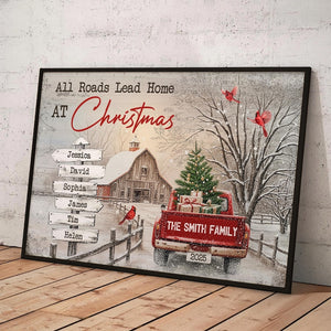 All Roads Lead Home At Christmas, Personalized Poster/Canvas, Holiday Decoration, Family Christmas Wall Art, Custom Red Truck Wall Art