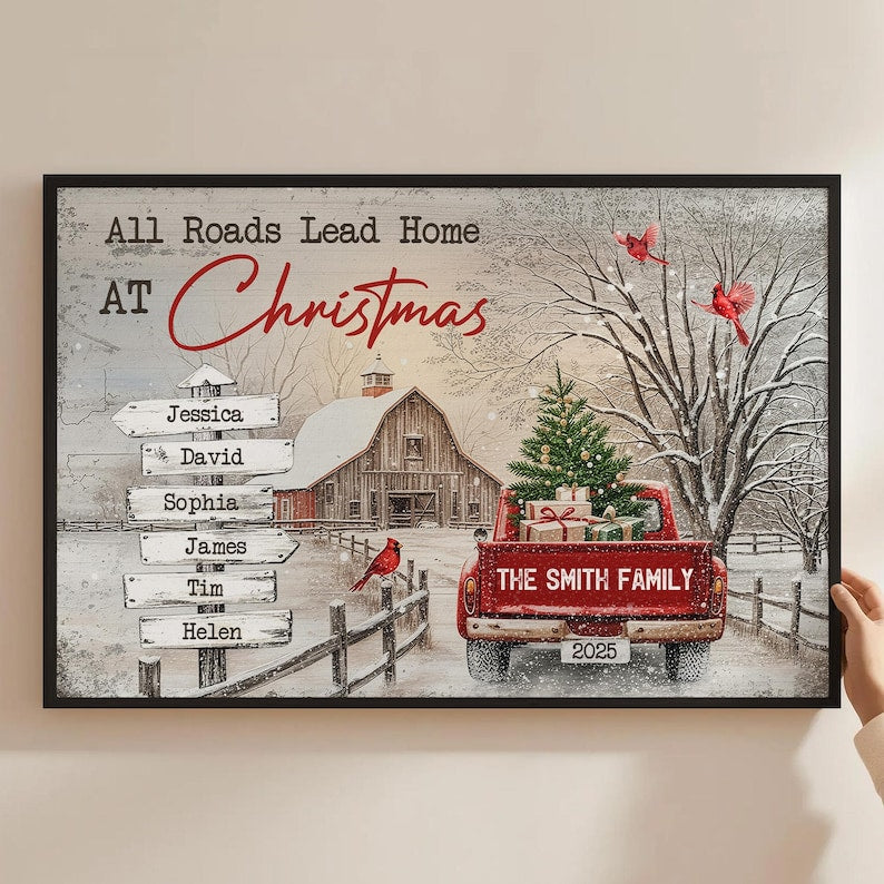 All Roads Lead Home At Christmas, Personalized Poster/Canvas, Holiday Decoration, Family Christmas Wall Art, Custom Red Truck Wall Art