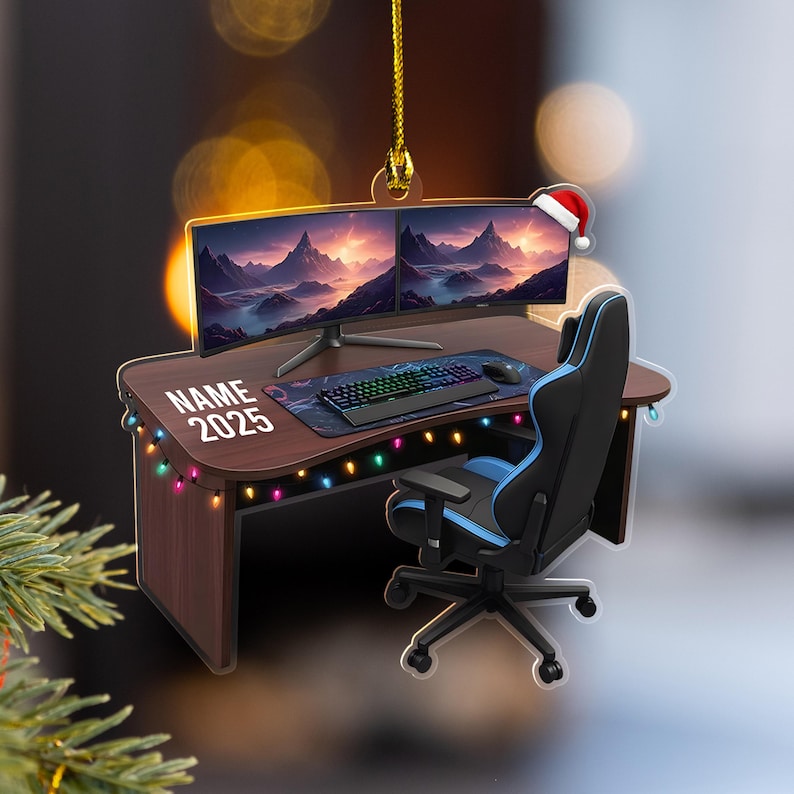 Personalized Gaming PC Ornament 2025, Custom Name RGB Computer Setup Christmas Tree Decor, Tech Gift For Gamer