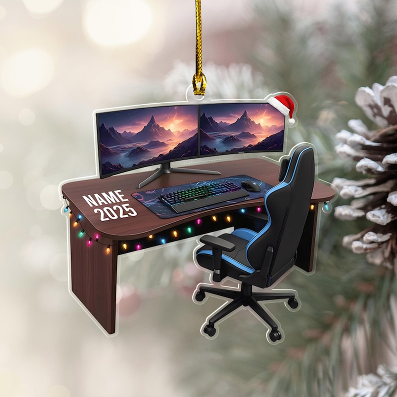 Personalized Gaming PC Ornament 2025, Custom Name RGB Computer Setup Christmas Tree Decor, Tech Gift For Gamer