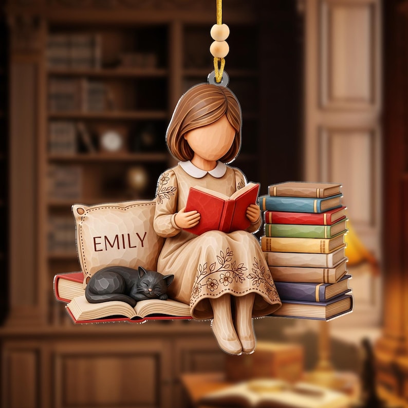 Personalized Book Lover Ornament Girl Reading with Cat Custom Name Ornament for Readers, Writers, and Bookworms
