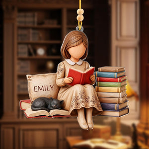 Personalized Book Lover Ornament Girl Reading with Cat Custom Name Ornament for Readers, Writers, and Bookworms