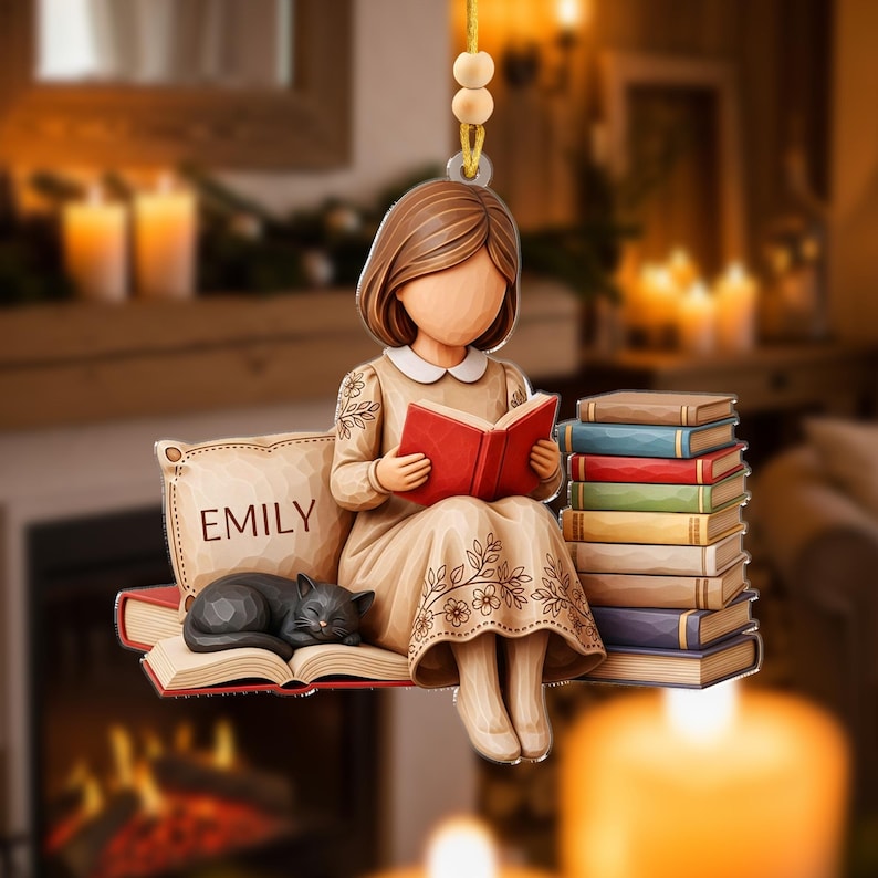 Personalized Book Lover Ornament Girl Reading with Cat Custom Name Ornament for Readers, Writers, and Bookworms