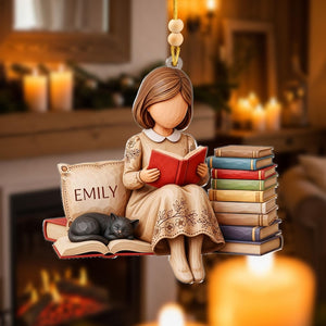 Personalized Book Lover Ornament Girl Reading with Cat Custom Name Ornament for Readers, Writers, and Bookworms