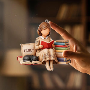 Personalized Book Lover Ornament Girl Reading with Cat Custom Name Ornament for Readers, Writers, and Bookworms