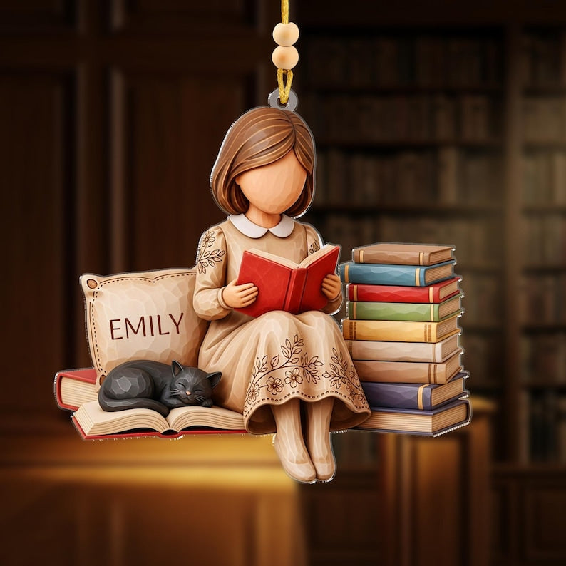 Personalized Book Lover Ornament Girl Reading with Cat Custom Name Ornament for Readers, Writers, and Bookworms
