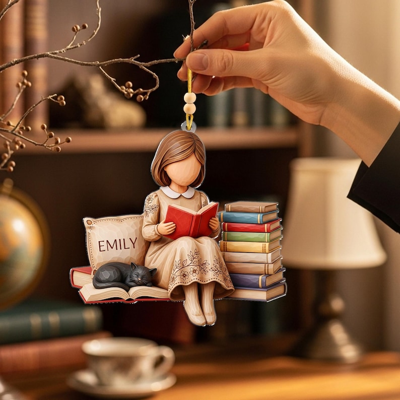 Personalized Book Lover Ornament Girl Reading with Cat Custom Name Ornament for Readers, Writers, and Bookworms