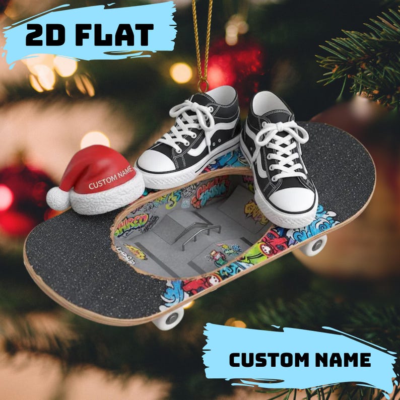 Personalized Skateboarding Ornament with Custom Name, Acrylic Skate Park Xmas Tree Decor, Skateboarding 2D Flat Ornament,Skateboard Keepsake