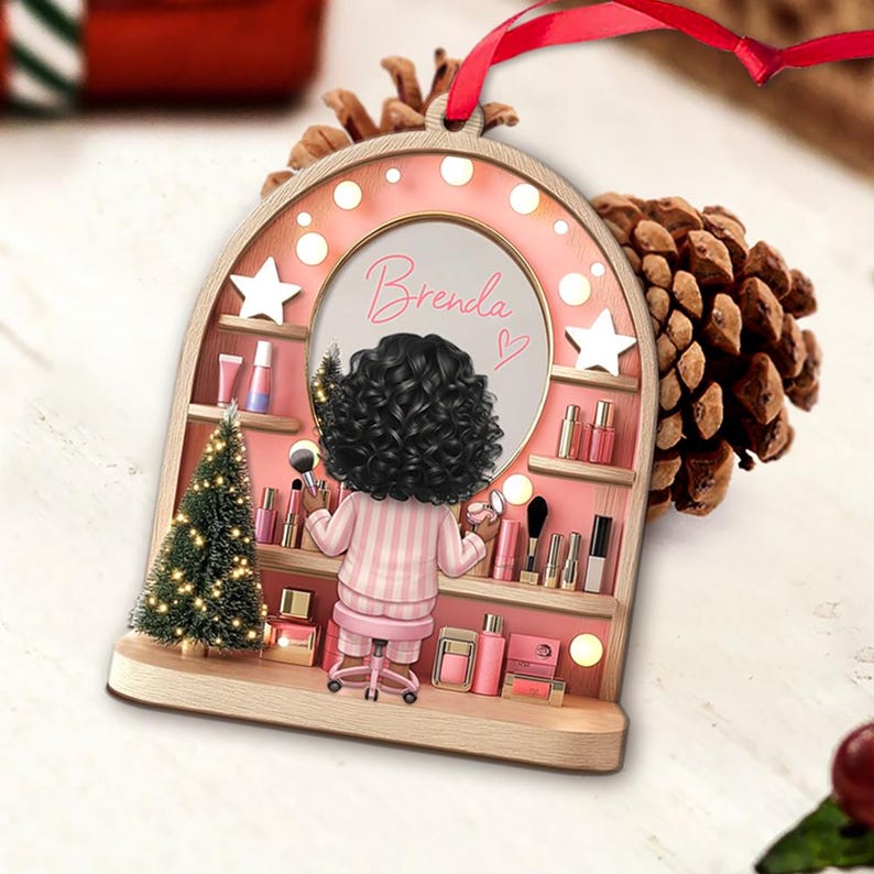 Custom Girls Makeup Table Ornament, Personalized Makeup Artist Ornaments, Beauty Lover Gift, Pink Christmas Gifts, Acrylic Cosmetic Keepsake