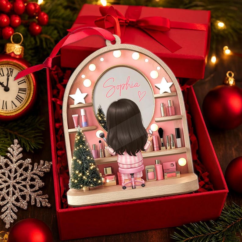 Custom Girls Makeup Table Ornament, Personalized Makeup Artist Ornaments, Beauty Lover Gift, Pink Christmas Gifts, Acrylic Cosmetic Keepsake