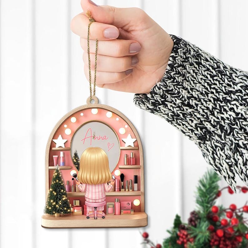 Custom Girls Makeup Table Ornament, Personalized Makeup Artist Ornaments, Beauty Lover Gift, Pink Christmas Gifts, Acrylic Cosmetic Keepsake