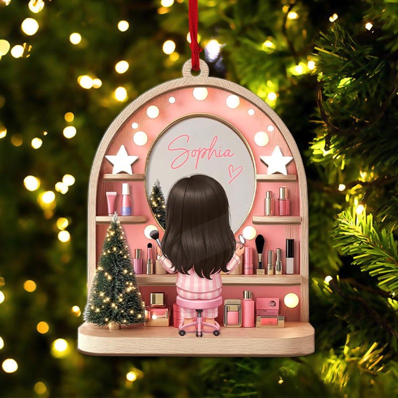 Custom Girls Makeup Table Ornament, Personalized Makeup Artist Ornaments, Beauty Lover Gift, Pink Christmas Gifts, Acrylic Cosmetic Keepsake
