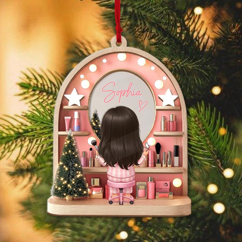Custom Girls Makeup Table Ornament, Personalized Makeup Artist Ornaments, Beauty Lover Gift, Pink Christmas Gifts, Acrylic Cosmetic Keepsake
