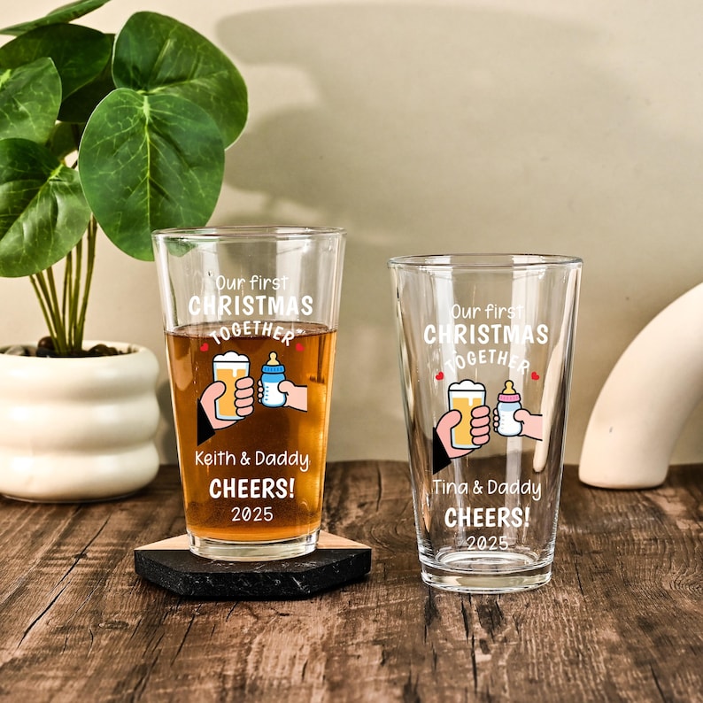 Custom Christmas Daddy Beer Glass, Our First Christmas Togther Father Gift 2026, Gift for Husband, New Dad Gift Wine Glass First Time Dad