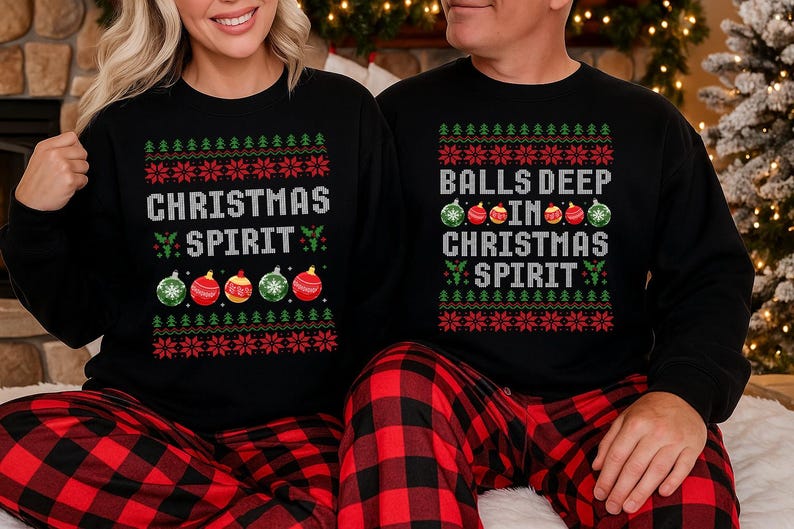 Couple Matching Christmas Sweatshirt, Funny Ugly Christmas Sweater, Ball Deep In Christmas Sprit Couples Printed Jumpers, Newlywed Gifts