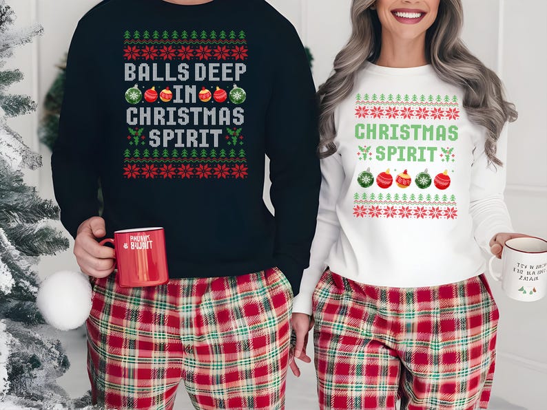 Couple Matching Christmas Sweatshirt, Funny Ugly Christmas Sweater, Ball Deep In Christmas Sprit Couples Printed Jumpers, Newlywed Gifts