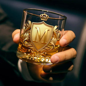 Personalized Golden 2D Badge Custom Name Rock Whiskey Glass Old Fashioned Birthday Valentine Gift for Man Bartender Whiskey Enthusiast