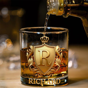 Personalized Golden 2D Badge Custom Name Rock Whiskey Glass Old Fashioned Birthday Valentine Gift for Man Bartender Whiskey Enthusiast