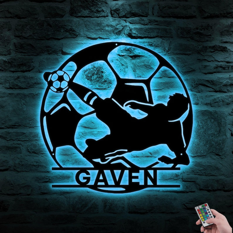 Personalized Soccer LED Metal Sign Custom Football Wall Art, Soccer Name Sign for Room, Game Room, or Man Cave, Gift for Him