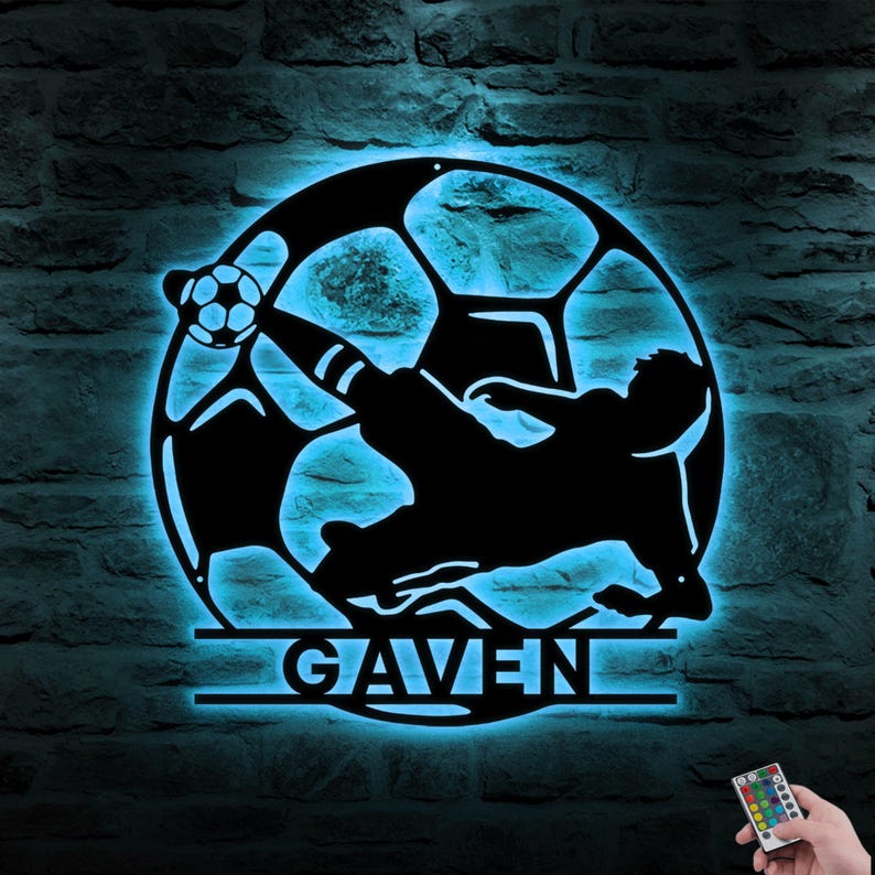 Personalized Soccer LED Metal Sign Custom Football Wall Art, Soccer Name Sign for Room, Game Room, or Man Cave, Gift for Him