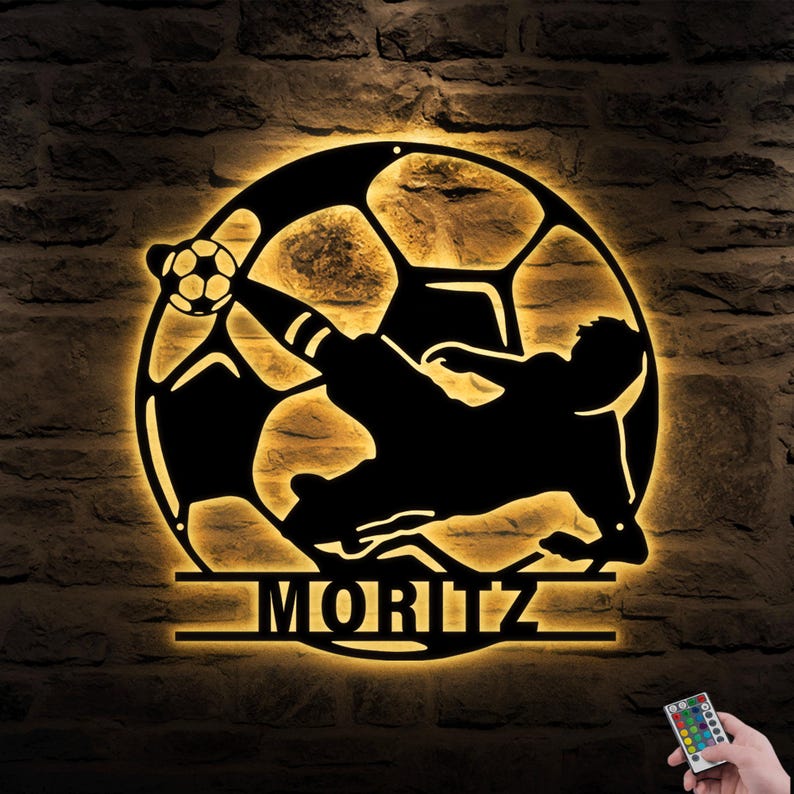 Personalized Soccer LED Metal Sign Custom Football Wall Art, Soccer Name Sign for Room, Game Room, or Man Cave, Gift for Him