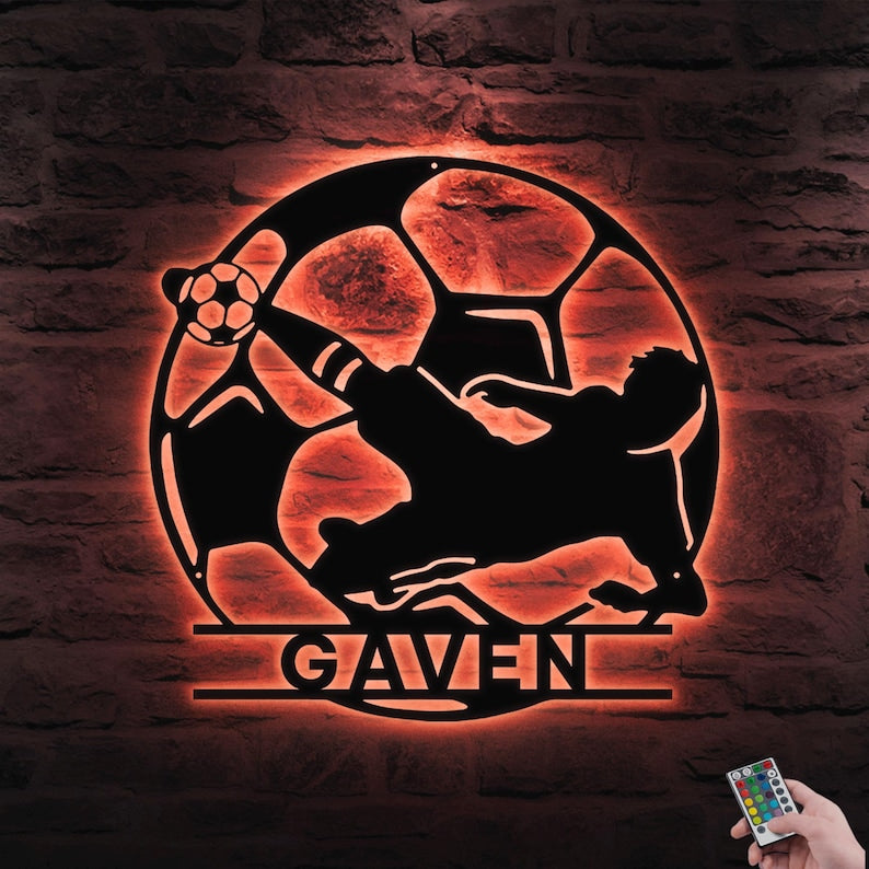 Personalized Soccer LED Metal Sign Custom Football Wall Art, Soccer Name Sign for Room, Game Room, or Man Cave, Gift for Him