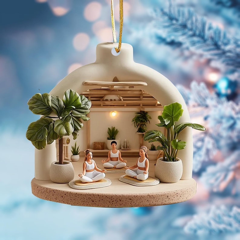 Personalized Miniature Indoor Yoga Class With Plants 2D Flat Ornament For Calm & Zen Spaces, Gift For Mom and Her