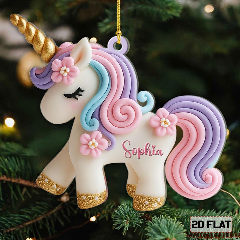 Personalized Unicorn Ornament for Girls, Custom 2D Flat Christmas Ornament, Cute Pastel Unicorn Gift 2025, Kids Girl Unicorn Christmas Decor