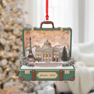 Personalized Suitcase Ornament Acrylic Travel Diorama Landmark Eiffel Tower Name Year Christmas Decoration