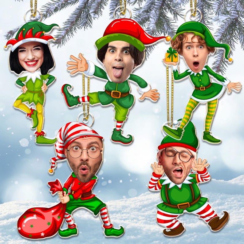 Personalized Elf Christmas Ornament: Funny Elf Faces Ornament, Custom Photo Gift for Family, Coworkers