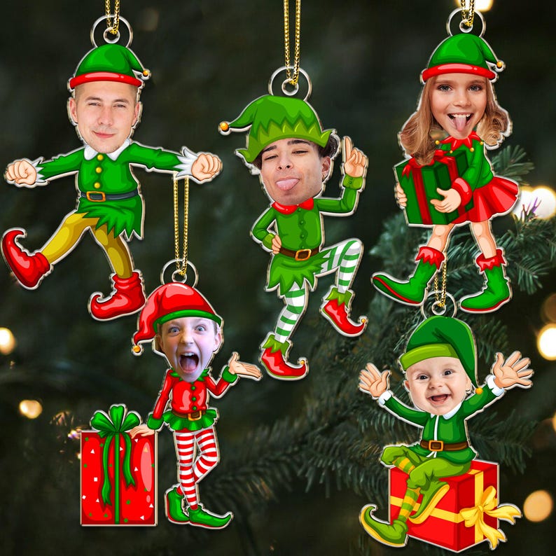 Personalized Elf Christmas Ornament: Funny Elf Faces Ornament, Custom Photo Gift for Family, Coworkers