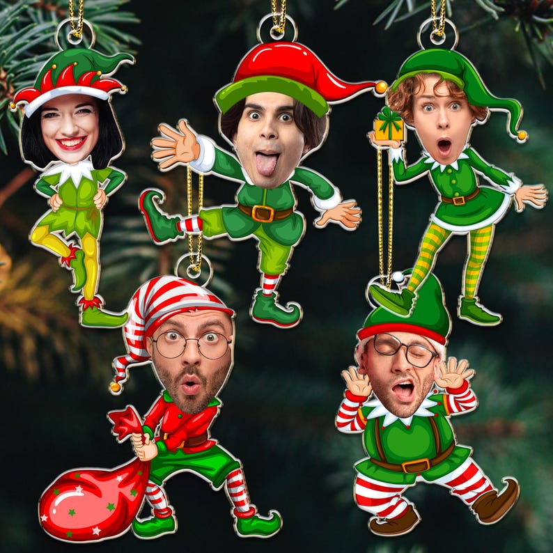 Personalized Elf Christmas Ornament: Funny Elf Faces Ornament, Custom Photo Gift for Family, Coworkers