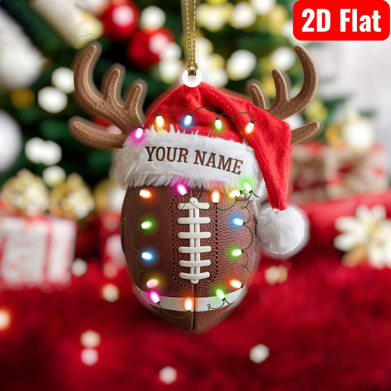 Custom Football Christmas Ornament, Personalized Name Football Decor, 2D Flat Sports Ornament, Holiday Gift for Football Fans