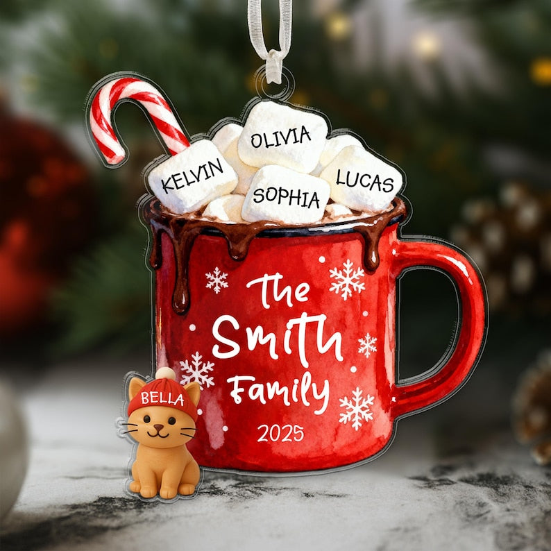 Custom Family Pet Christmas Ornament, Personalized Christmas Tree Decoration Names, Family Christmas Keepsake Gift, Hot Cocoa Cup Ornament