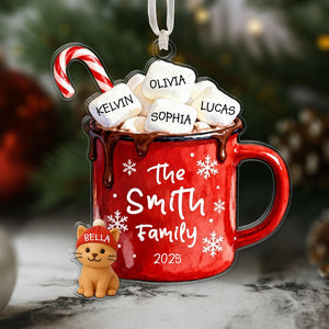 Custom Family Pet Christmas Ornament, Personalized Christmas Tree Decoration Names, Family Christmas Keepsake Gift, Hot Cocoa Cup Ornament