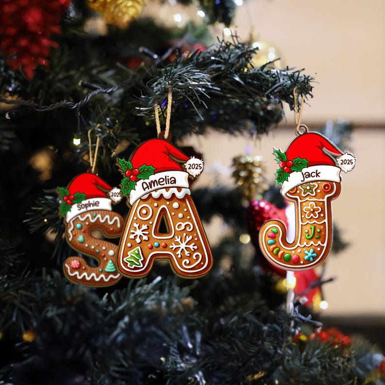Custom Christmas Name Letter Ornament, Personalized Gingerbread Letter Ornament for Kids, Personalized Family Xmas Decoration Gift